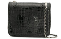 SAINT LAURENT Crocodile Pattern Embossed Cow Leather Wallet, Crossbody Bag, Shoulder Bag Mini Women's Black