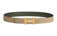 HERMES Letter Styling Smooth Buckle Leather Belts Unisex Gray Green Width: 3.2CM