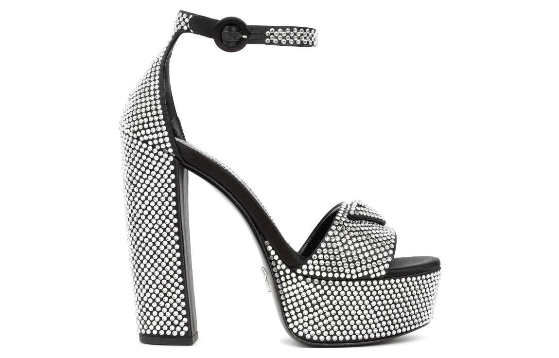 PRADA 135mm Crystal Platform Sandals Black Satin
