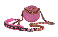 CHANEL 19Bag Denim Mini Small Round Cake Dinner Bag Handheld Shoulder Bag Women's Bright Pink