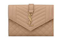 SAINT LAURENT Monogramme Calfskin Patchwork With Embossed Leather Envelope Bag Wallets Small Size Women's Dark Coffee