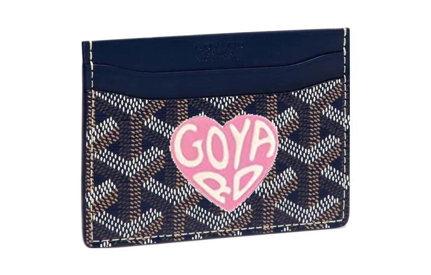 GOYARD Canvas With Calfskin Card Clip Card Holder Unisex Marine Blue With Pink Accents And Small Heart Design