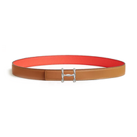 HERMES Metal Palladium-Plated Calfskin Leather Belts Women's Brown/Red Width 2.4CM