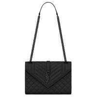 SAINT LAURENT ENVELOPE Quilted Grain Embossed Leather Envelope Bag Shoulder Bag Crossbody Bag Medium Size Women's Black