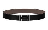 HERMES Tonight Silver Buckle Togo Calfskin Double Sided Leather Belt Unisex Black Width 3.8cm