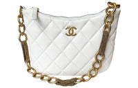 CHANEL Sheepskin Hobo Shoulder Bag Women's White