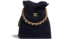 CHANEL Drawstring Cotton Naha And Gold Tuning Metal Shoulder Bag Women's Marine Blue