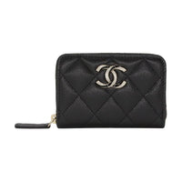 CHANEL Litchi Cow Leather Wallet Small Size Women's Black