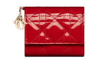 DIOR Lady Dior Patent Leather Calfskin Wallet Women's Red