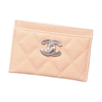 CHANEL Shiny Beaded Embossed Calfskin Card Holder Women's Beige