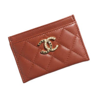 CHANEL Artificial Pearl Rhinestone Lambskin Card Holder Women's Brown