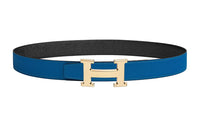HERMES Gold Buckle Epsom Calfskin Double-Sided Leather Belt Women's Blue/Black Width: 3.2cm