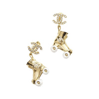 CHANEL Metal Brass Pearl Crystal Clip-On Earrings Unisex Gold
