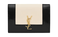 SAINT LAURENT CASSANDRE Cow Leather Patchwork With Sheepskin Wallets Card Holders Women's Ivory/Black