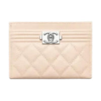 CHANEL Shiny Grained Calfskin Card Holder Women's Light Beige