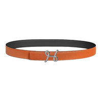 HERMES Palladium-Plated Calfskin Metal Leather Belts Women's Orange Width 2.4CM