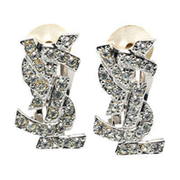 SAINT LAURENT 21st Century Rhinestone Logo Clip On Costume Earrings