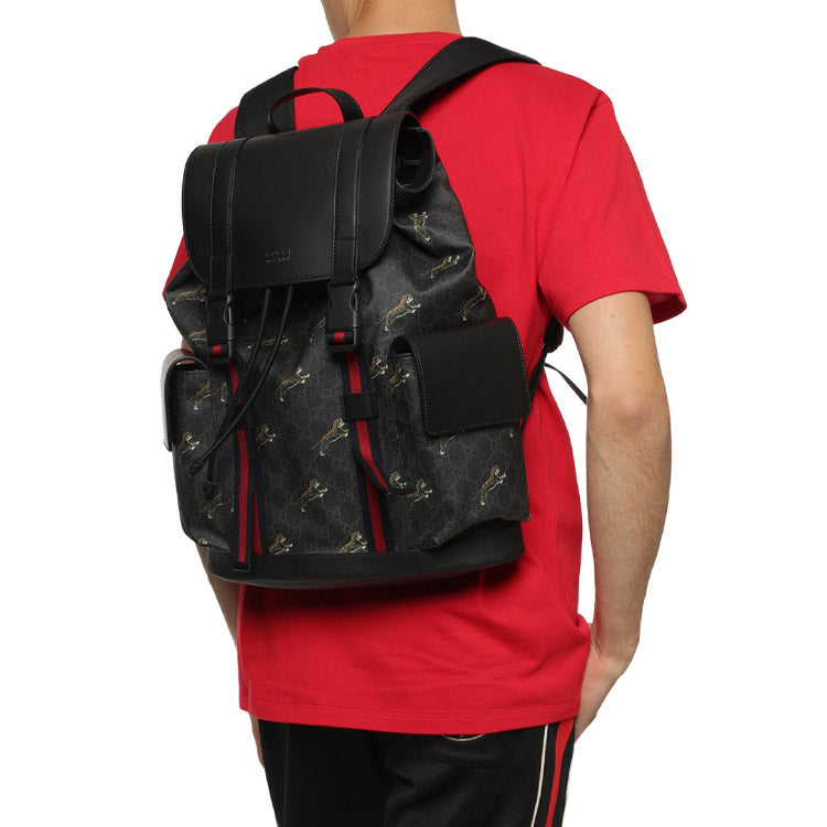 Gucci Tiger Printing Logo Stripe Webbing Canvas Large Capacity schoolbag Backpack Black 495563-G02CX-8675