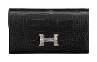 HERMES Constance Long Wallet Crocodile Leather Wallet Women's Black/Gradient Color-Changing