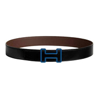 HERMES Stainless Steel Leather Belts Men's Black/Chocolate Width 3.8CM