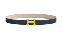 HERMES Classic Logo H Email Uni Yellow Buckle Calfskin Double-Sided Leather Belts Women's Blue Width 24mm