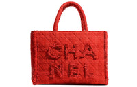 CHANEL Wool Velvet Tote Bag Shopping Bag Handbag Large Size Women's Red