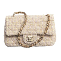 CHANEL Classic Flap CF Cotton Fabric Crossbody Bag Shoulder Bag Mini Women's Light Yellow Multicolor Beige