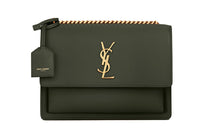 SAINT LAURENT SUNSET Smooth Calf Leather Crossbody Bag, Shoulder Bag Medium Size Women's Green