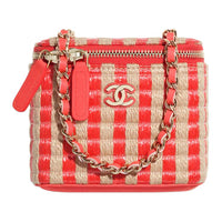 CHANEL Fiber & Yellow Jute Thread & Metal Box Bag Clutch Small Size Women's Red & Beige