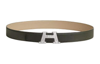 HERMES Letter H Label Leather Belts Men's Dark Green Width 3.2CM
