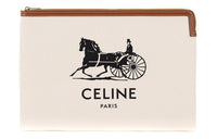 CELINE Cow Leather Canvas Clutch Tubas Women's White