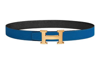 HERMES Trendy Versatile Smooth Gold Buckle Epsom Calfskin Double-Sided Leather Belt Women's Blue/Black Width: 3.2cm