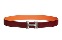 HERMES H-Shaped Ornamental Buckle Smooth Leather Belts Men's Red/Orange Width: 3.2cm