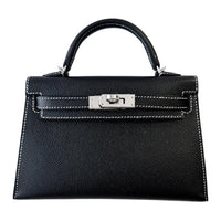 HERMES Mini Kelly 2nd Generation Epsom Leather Kelly Bag Handbags Women's White Thread Inner With Black