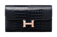 HERMES Constance Long Wallet Crocodile Leather Wallet Women's 78 Bleu Marine Deep Sea Blue