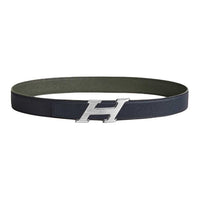 HERMES Calfskin Metal Palladium Leather Belts Men's Blue Width: 3.2CM