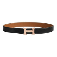 HERMES Metal Calfskin Rose Gold-Plated Leather Belts Women's Black/Brown Width: 3.2CM