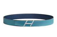HERMES Slant H Logo, Smooth Buckle Leather Belts Men's Dark Blue/Light Blue Width 3.2cm