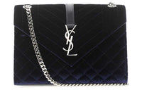 SAINT LAURENT Quilted Velvet With Leather Shoulder Bag Medium Size Women's Blue