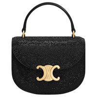 CELINE Besace Rhinestone Calfskin One Shoulder Handbag Mini Women's Black