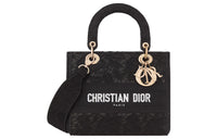 DIOR Lady D-Lite Embroidery Dior Bag Shoulder Bag Crossbody Bag Handbag Medium Size Women's Black