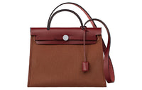 HERMES Herbag Zip Cowhide Patchwork Canvas Handbag Shoulder Bag Crossbody Bag Women's Burgundy/Dark Brown