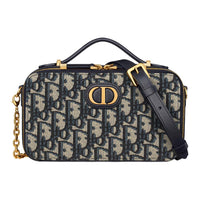 DIOR 30 Montaigne Cotton With Cow Leather Patchwork One Shoulder Handbags Women's Blue