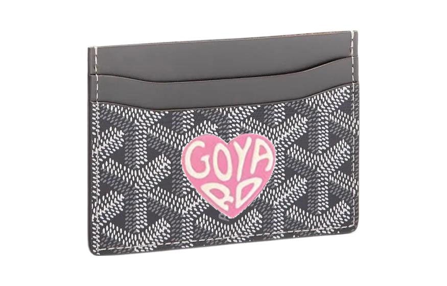 GOYARD Canvas With Calfskin Card Clip Card Holder Unisex Gray/Pink Small Heart