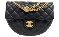 CHANEL Lambskin Half Moon Messenger Bag Saddle Bag Chain Shoulder Bag Crossbody Bag Small Size Women's Black