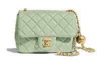 CHANEL Cow Leather Mini Square Flap Bag, Gold Ball Bag, Shoulder Bag Women's Green