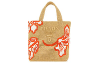 PRADA Raffia Tote Bag Shopping Bag Handbag Women's Khaki/Red