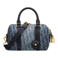 DIOR Fabric Cow Leather Patchwork Handbag Shoulder Bag Crossbody Bag Women's Blue