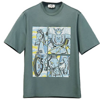HERMES Giant Carriage Print Crew Neck Pullover Short Sleeved T Shirt Men's Gray Green