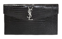 SAINT LAURENT Uptown Pouch Shiny Crocodile Look Leather Black
